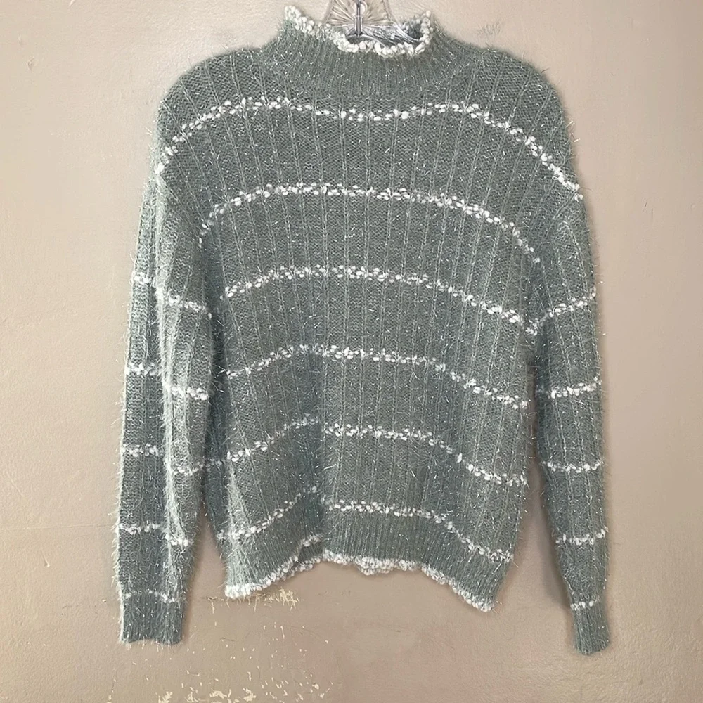 OPHELIA ROE Chunky Sweater Green & White Silver Eyelash Stretchy Mock Neck Med
